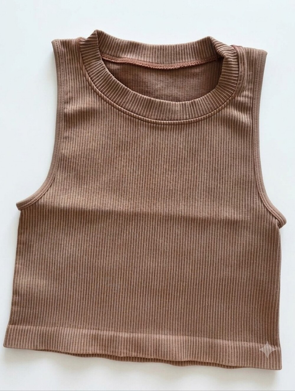 OQQ Ribbed High Neck Crop Tank Top - Brown - Size S
